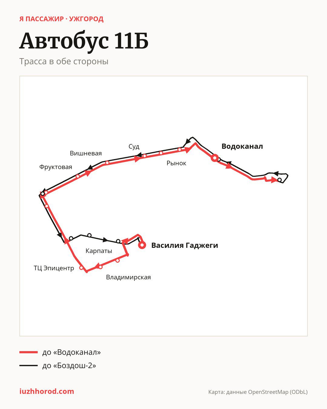 Автобус 11Б в Ужгороде на карте: трасса в обе стороны