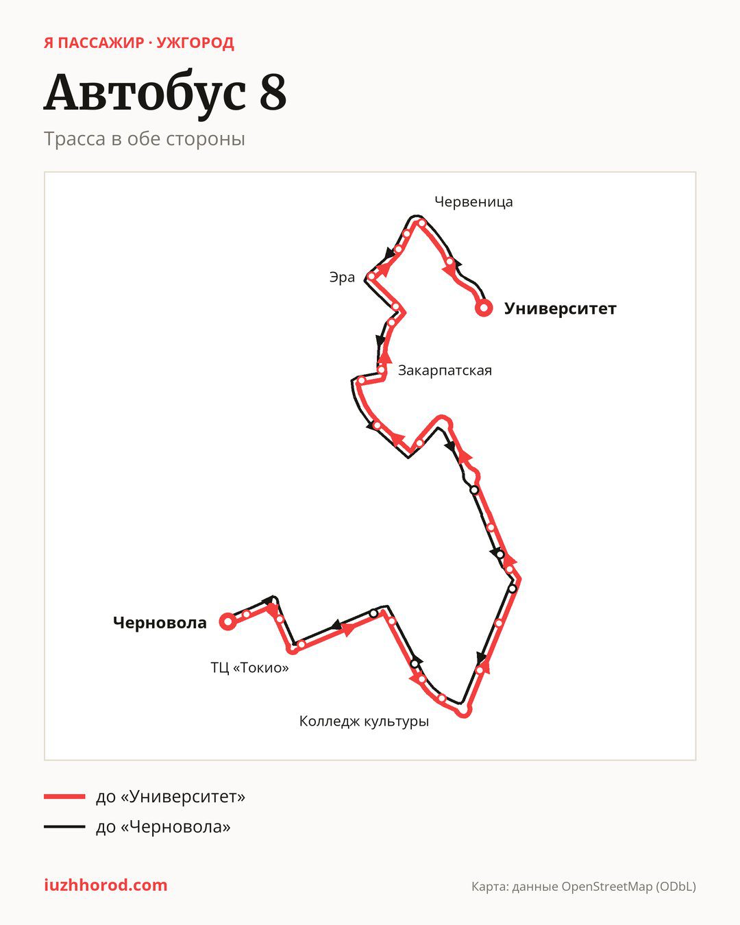 Автобус 8 в Ужгороде на карте: трасса в обе стороны