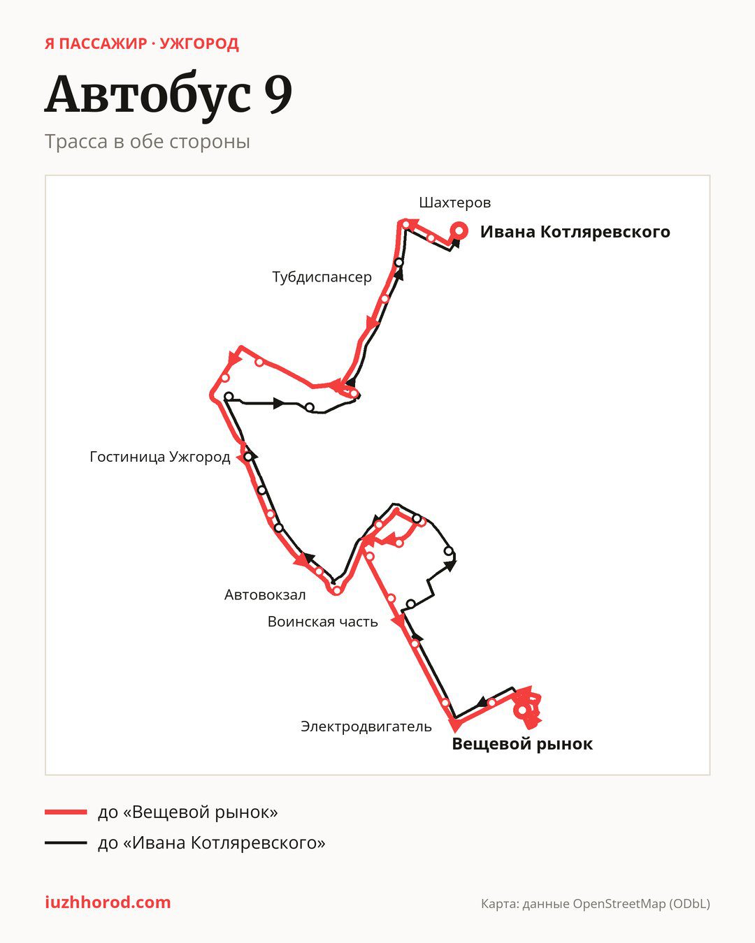 Автобус 9 в Ужгороде на карте: трасса в обе стороны